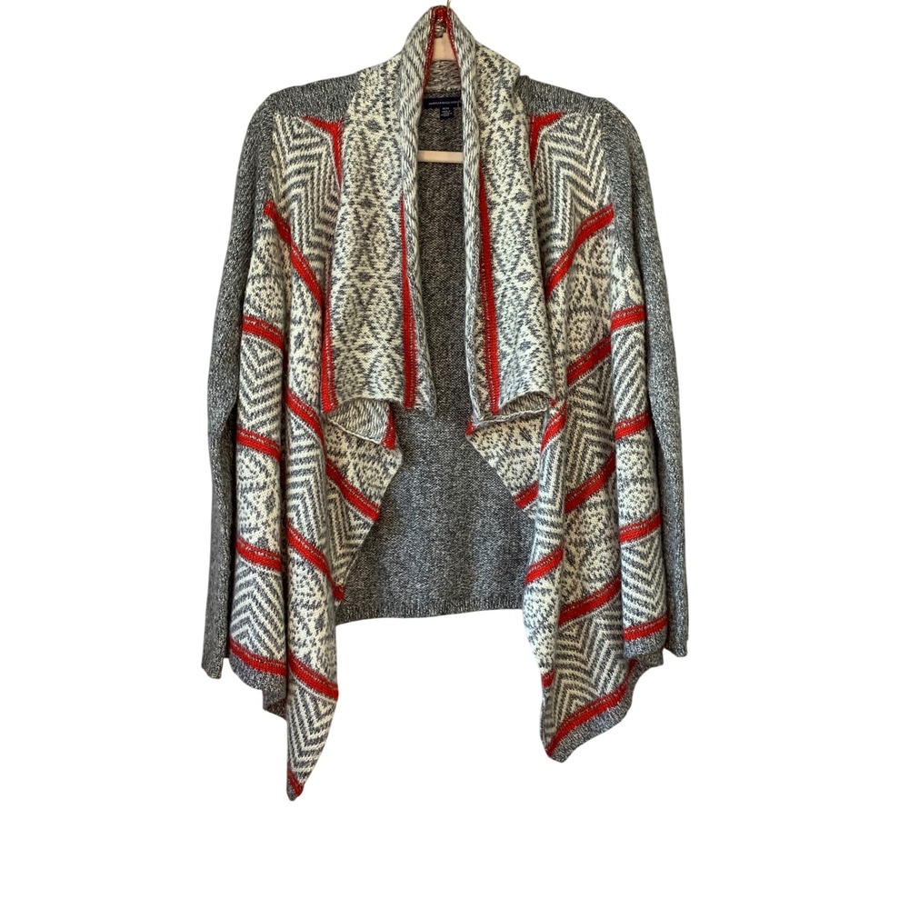 American Eagle Gray & White Cardigan Draped‎ Open Front Fair Isle Boho Sweater M